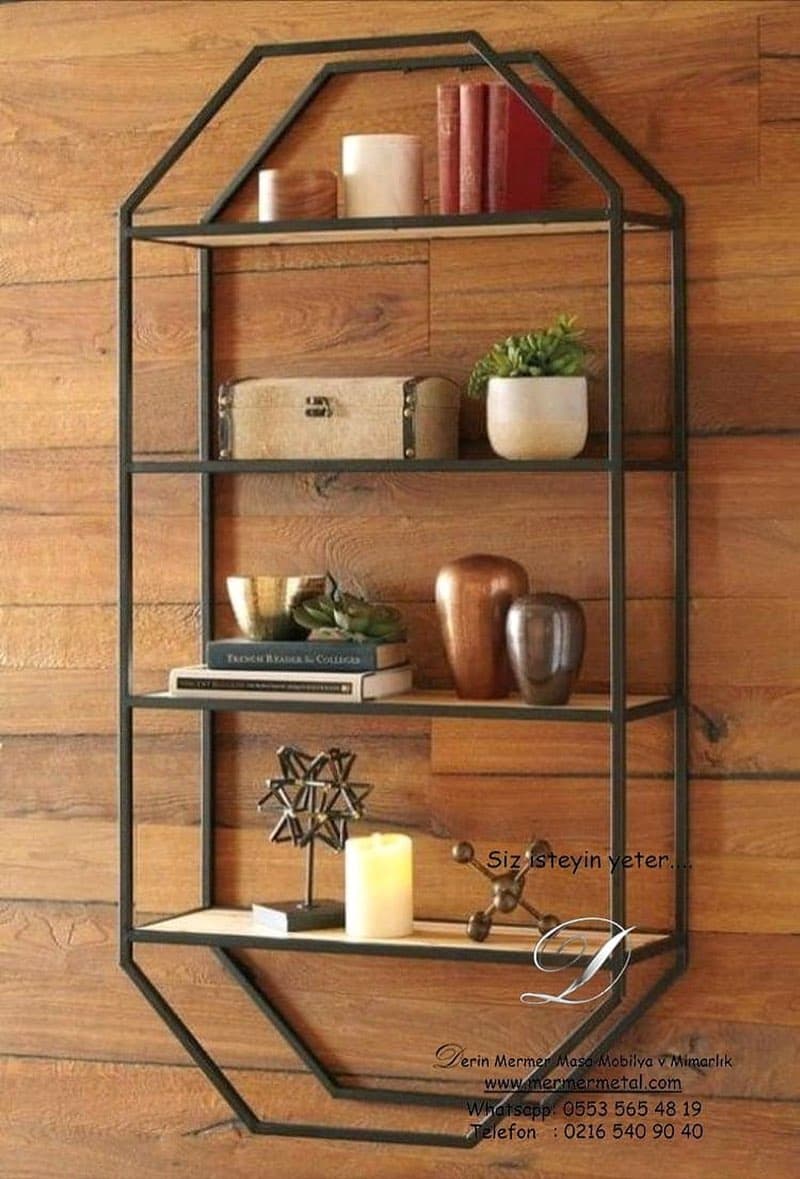 Dekoratif Metal Ayaklı Ahşap Ayna Raflı Kitaplık ve Raf