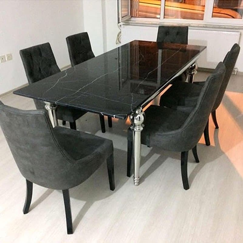 6 Kişilik Dikdörtgen Siyah Mermer Masa