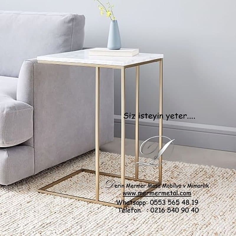 Üstü Mermer Gold Metal Ayaklı Yan Sehpa Dolar Modeli