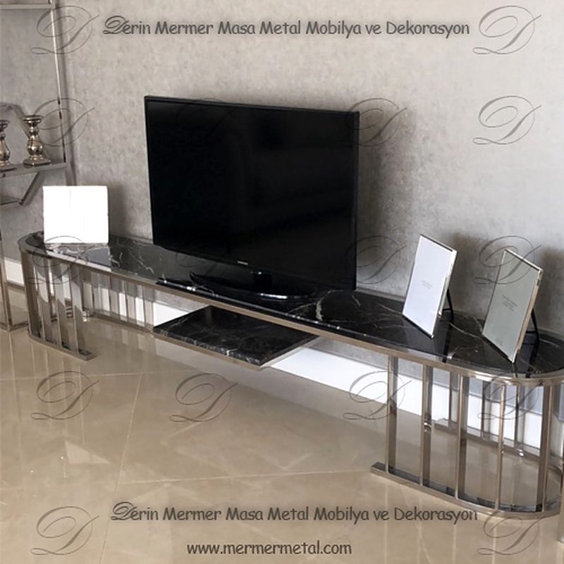 Üstü Siyah Mermer Paslanmaz TV Ünitesi